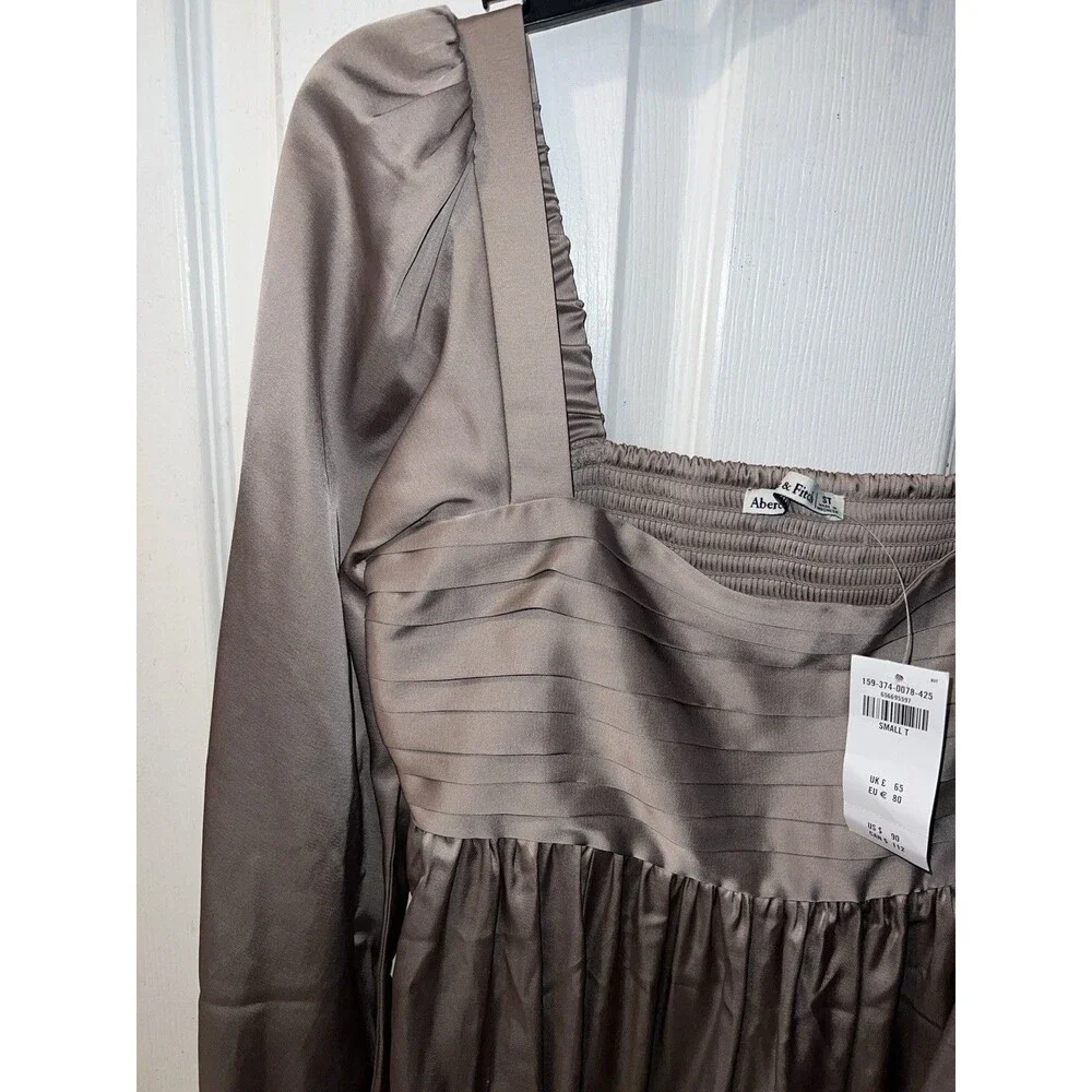 Abercrombie & Fitch Dress Womens Tall Sz S Babydoll Pleated Satin Balloon Sleeve